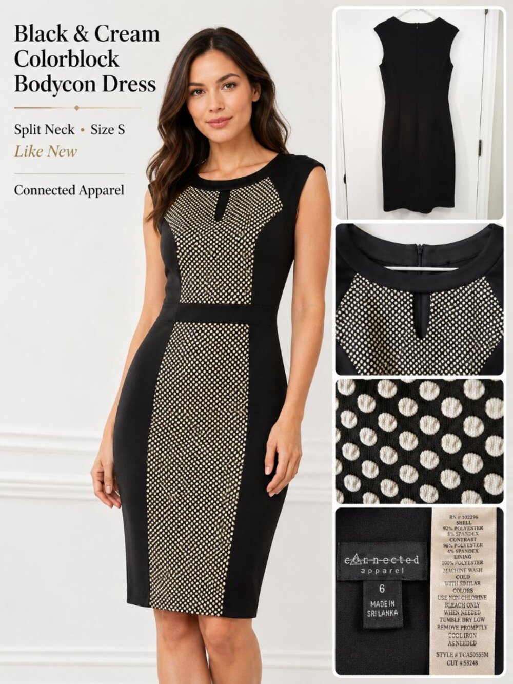 Connected Apparel Black Cream Colorblock Sheath Dress Size 6 Split Neck Bodycon